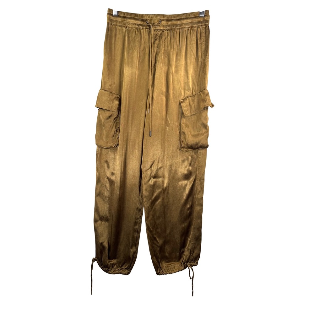 Rachel Zoe Cargo Pants S Bronze Gold Satin Joggers Utility Silky Drawstring Chic